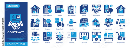 contract icon set collection in solid glyph style. an icon pack contain procurement, tender, negotiation, paying, inventory, best product, company, cargo truck, auction, cost