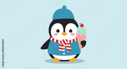 Adorable cartoon penguin wearing a scarf and hat holding a sugary ice cream