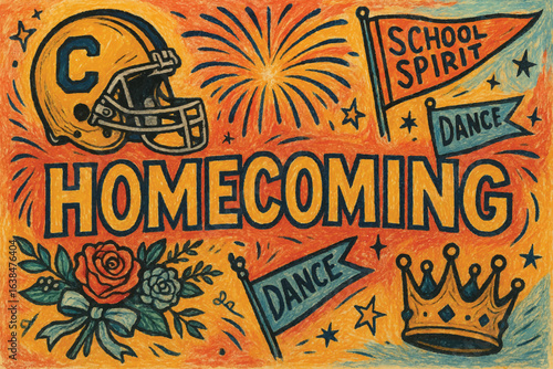 Homecoming event artwork with football helmet, festive flags, fireworks, crown, and roses in colorful hand drawn design for celebration