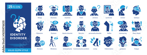 identity disorder icon set collection in solid glyph style. an icon pack contain sleepy, dizziness, insomnia, faint, amnesia, syndrome, tremor, epilepsy, obsessive, dyslexia