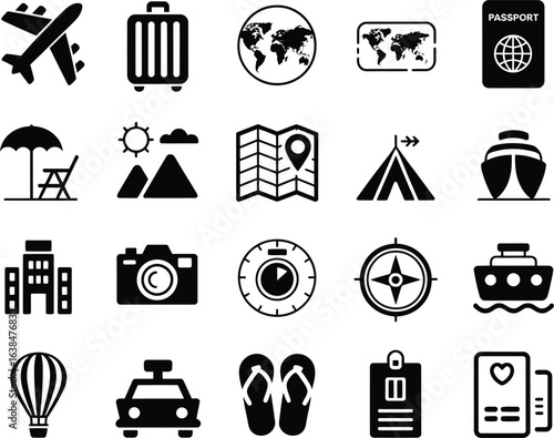 Collection of travel and vacation icons in a grid layout