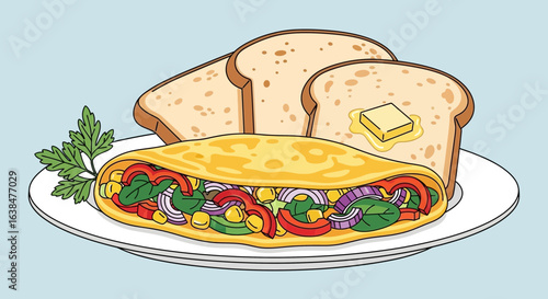 Delicious vegetable omelette served with toast, a nutritious cartoon illustration
