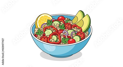 Vibrant quinoa salad bowl with fresh vegetables, avocado and lemon illustration