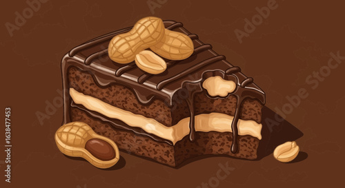 Delicious chocolate peanut butter cake illustration against a brown backdrop
