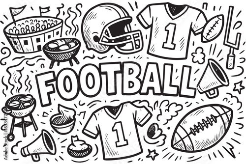 fun football doodles with accessories, helmets, jerseys, stadium, and more line art style