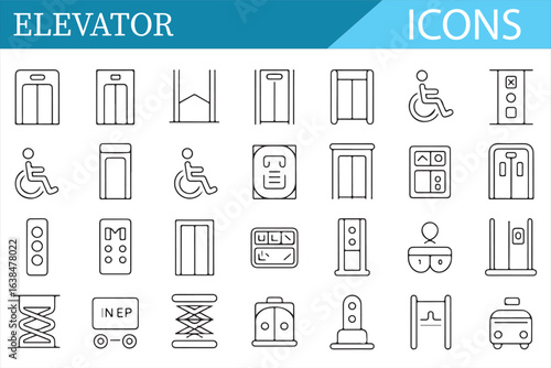 Icons of Lifts, Elevators, and Accessibility Features for Architecture