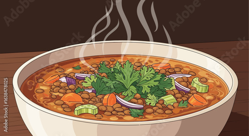 Delightful bowl of steaming lentil soup with fresh vegetables illustration