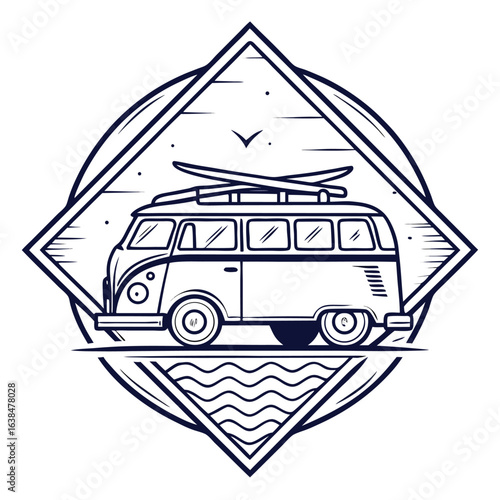 Retro bus with surfboards cruises by a bird in a diamond shape over water