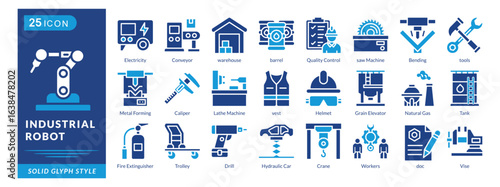 industrial robot icon set collection in solid glyph style. an icon pack contain electricity, conveyor, warehouse, barrel, quality control, saw machine, bending, tools, metal forming
