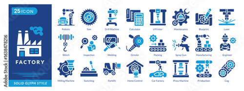 factory icon set collection in solid glyph style. an icon pack contain robotic, saw, drill machine, calculator, 3d printer, maintenance, blueprint, laser, winch, inspection