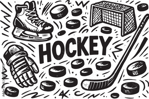 hockey equipment and dynamic game action captured in monochrome line art