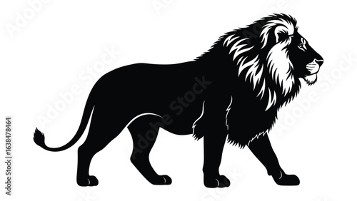 Majestic Lion Silhouette: A striking black silhouette of a proud lion, the king of the jungle, confidently walks in profile, conveying strength and dominance.