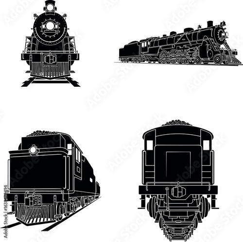 Train locomotive silhouette set. Vector collection of vintage steam and diesel engines from multiple views.