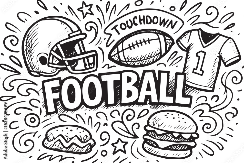 playful football line art with food and gear elements A creative illustration for sports and entertainment themed content. playful football line art with food and gear elements A creative illustration for sports and entertainment themed content.