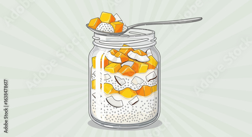 Delicious mango and coconut chia seed pudding in a jar ready to eat