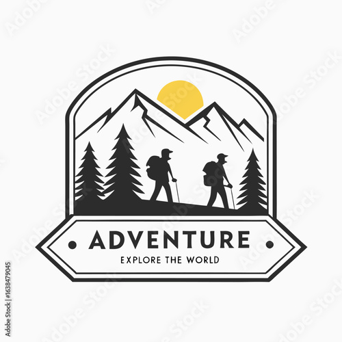 Hikers with backpacks explore mountainous landscapes, walking among evergreen trees beneath the rising sun