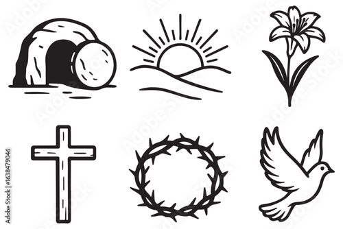 Christian Symbols Resurrection, Cross, Lily, and Peace Dove Hand drawn Art