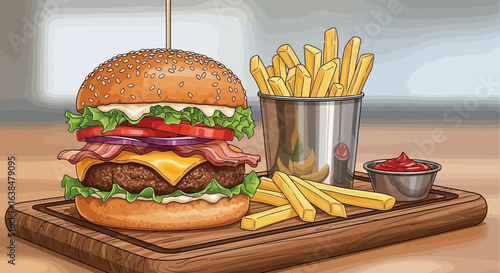 Delicious burger and fries on a wooden board, perfect for fast food cravings