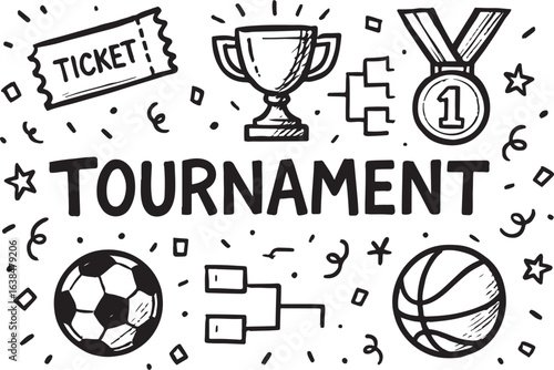 Exciting tournament design with sports icons, ticket, and trophy. Perfect for competition themes!