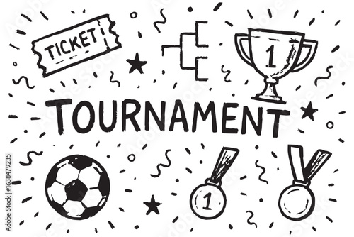 Illustration of tournament features with sports, trophy, and medal. Ideal for event graphics!
