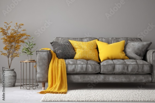Gray sofa with yellow accents, modern living room