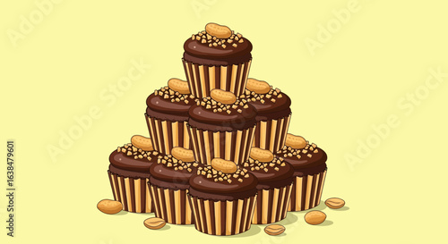 Delicious chocolate cupcakes with peanut toppings arranged in a delectable stack