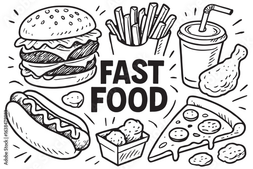 Illustration featuring fast food items like burgers, pizza, hot dog, and fries. Great for food related graphics!