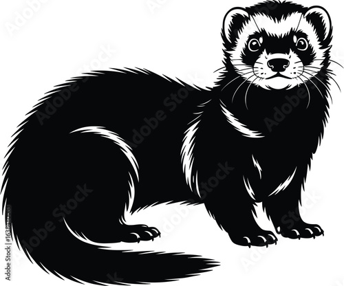 Black and white illustration of a curious ferret standing on a white background