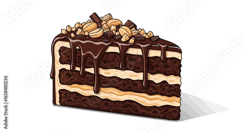 Chocolate Layered Cake Slice with Drizzled Ganache and Peanut Toppings Delight