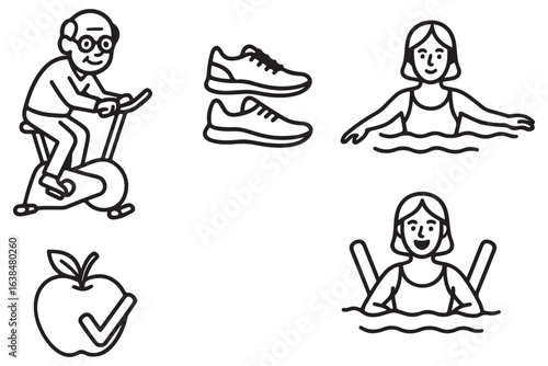 Healthy lifestyle fitness activities with seniors and exercise equipment