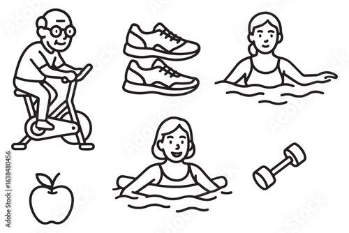 Physical fitness activities with swimming, cycling, and healthy food choices