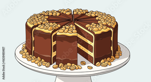 Whimsical chocolate cake with peanut decoration, presented on a cake stand