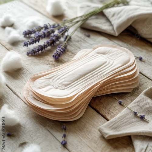  A close-up of eco-friendly sanitary pads arranged neatly on a wooden surface, surrounded by fresh flowers and natural materials like cotton and linen, soft daylight creating a clean and calming aesth
