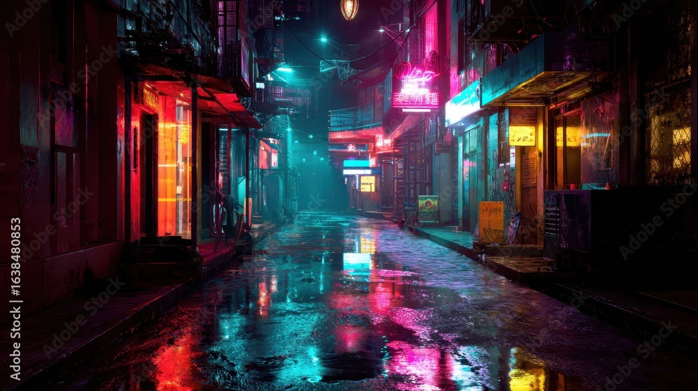 Fototapeta premium Neon-lit alleyway, night rain, city, reflections, cyberpunk backdrop, video game
