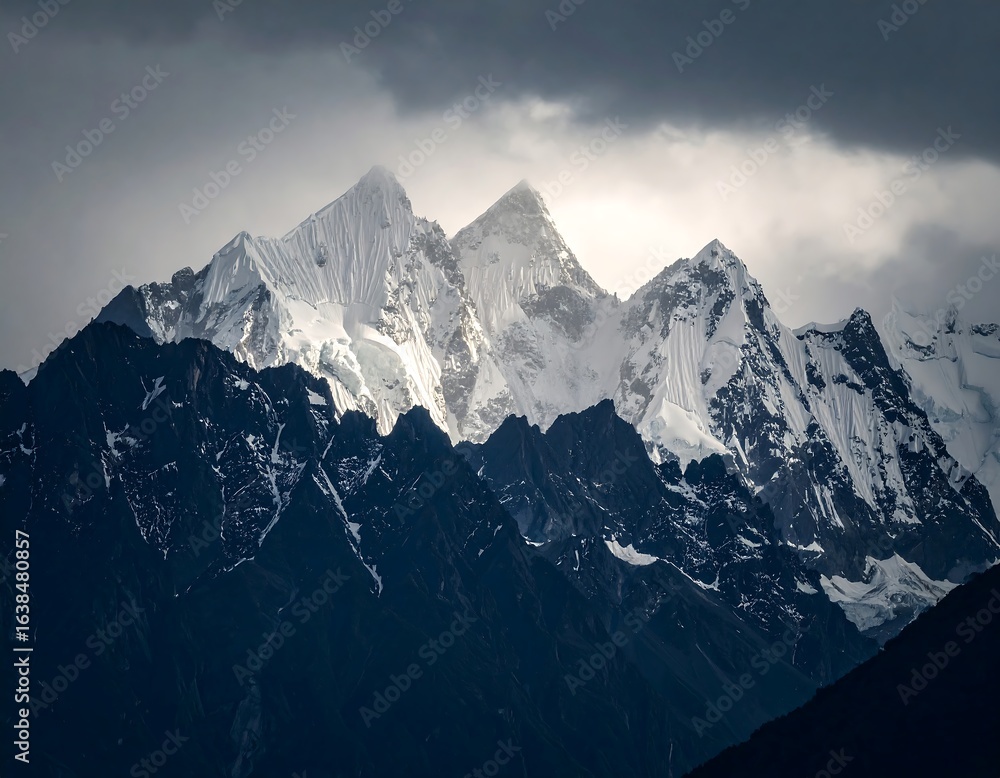 Obraz premium Snowy peaks pierce dark mountain range