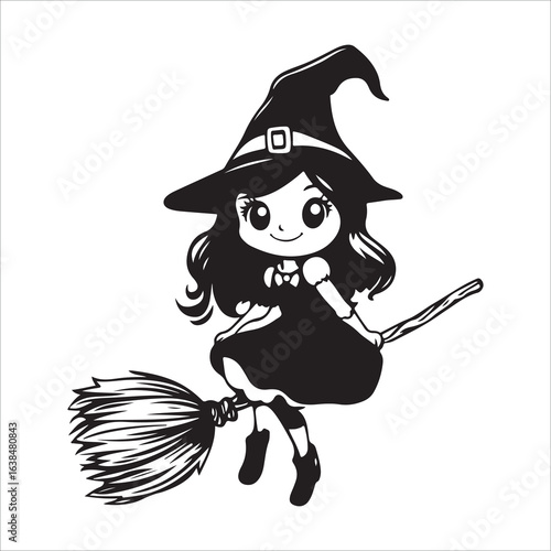 Cute Kawaii Witch Flying On Broomstick silhouette, Cute Kawaii Witch Flying On Broomstick vector illustration, High-Quality Witch Character Illustration, witch on a broom Vector