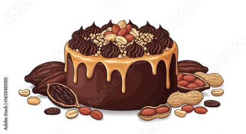 Chocolate sensation cake with creamy caramel, cocoa, and peanut toppings