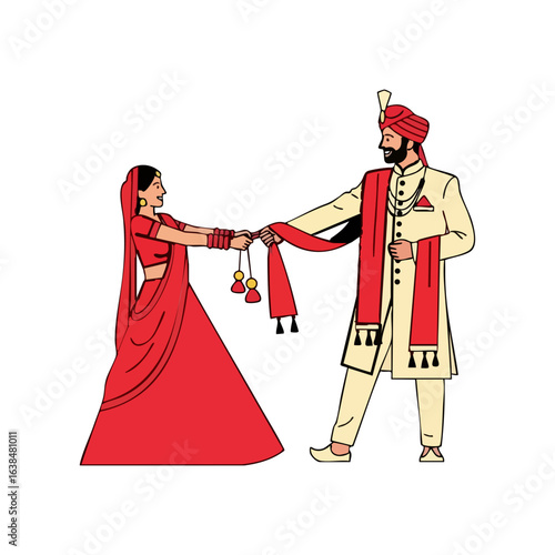 Minimal Hindu Wedding Bride Playfully Tugging Groom Stole Vector Illustration