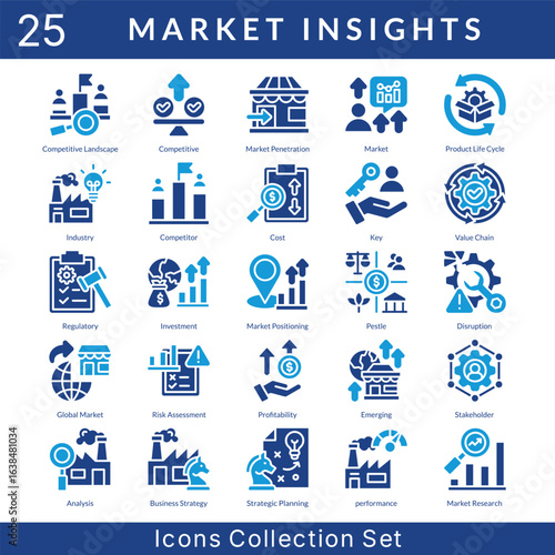 Market Insights icon set collection in solid glyph style. an icon pack contain industry, competitor, cost, key, value chain, regulatory, investment, market positioning, pestle, disruption