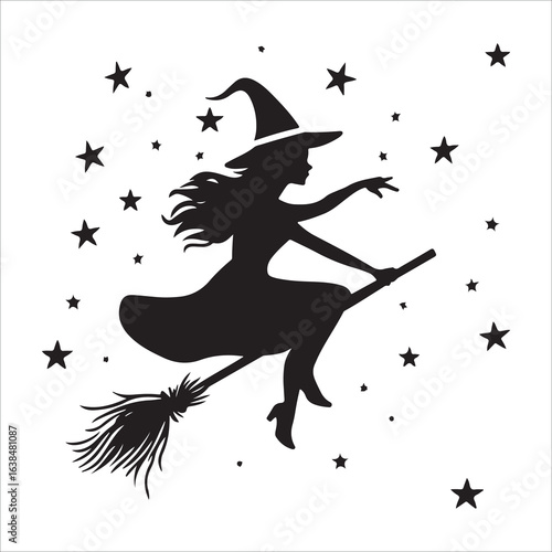 Cute Kawaii Witch Flying On Broomstick silhouette, Cute Kawaii Witch Flying On Broomstick vector illustration, High-Quality Witch Character Illustration, witch on a broom Vector