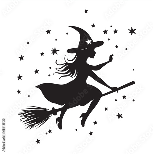 Cute Kawaii Witch Flying On Broomstick silhouette, Cute Kawaii Witch Flying On Broomstick vector illustration, High-Quality Witch Character Illustration, witch on a broom Vector