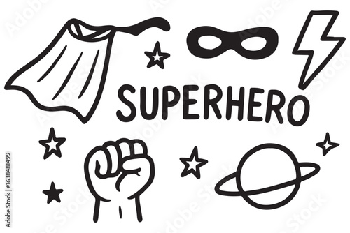 Line art of superhero icons cape, mask, fist, stars, lightning bolt, planet, and SUPERHERO text