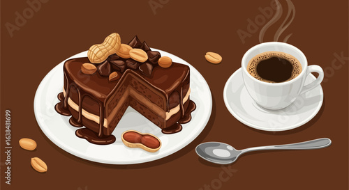 Indulgent chocolate peanut cake and steaming coffee invite a delightful treat