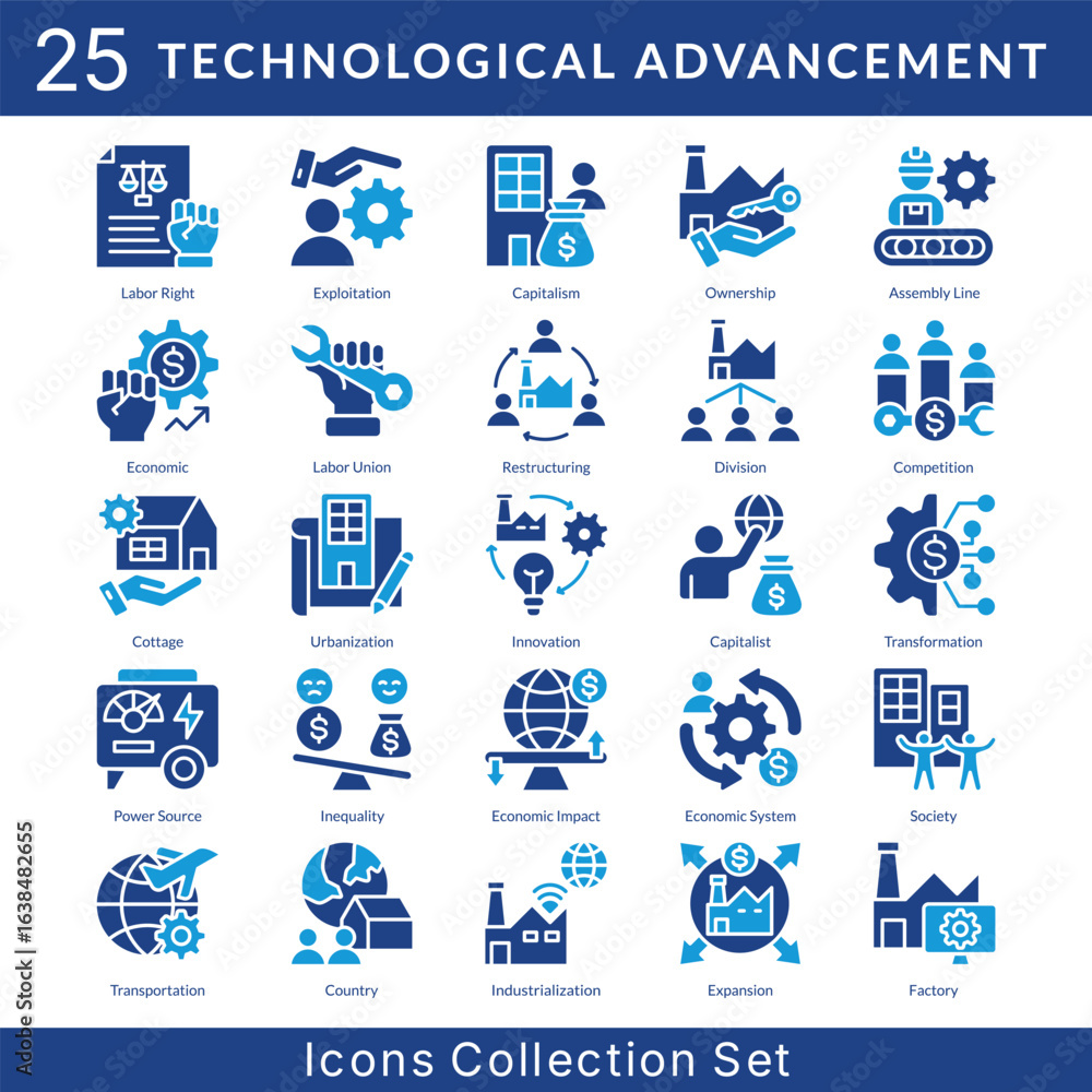 Fototapeta premium Technological Advancement icon set collection in solid glyph ypstyle. an icon pack contain restructuring, division, competition, cottage, urbanization, innovation, capitalist, transformation