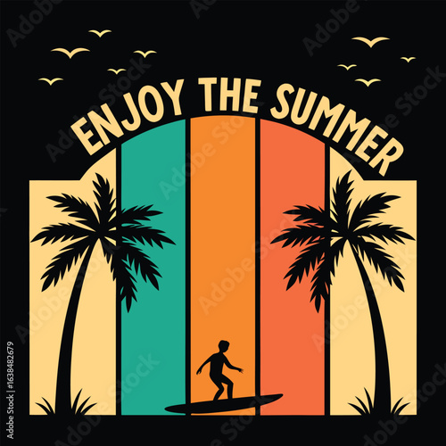Enjoy the summer illustration with surfer on a board between palm trees and birds