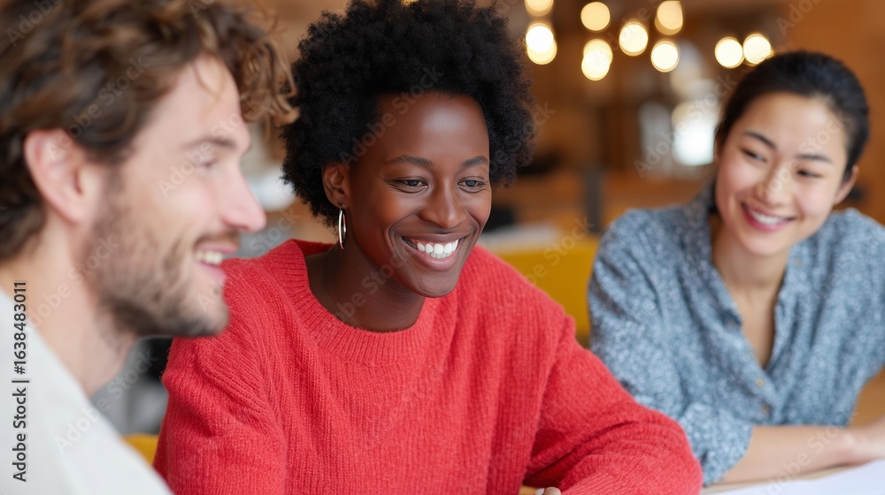 Fototapeta premium African American woman in red sweater smiles while engaged in conversation with two friends, creating a warm and inviting atmosphere in a modern workspace with soft lighting