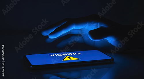 Vishing Scam Alert on Mobile Phone: Hand Reaching for Device Displaying Warning. Cyber Security Threat, Fraud Prevention, and Online Safety Concept