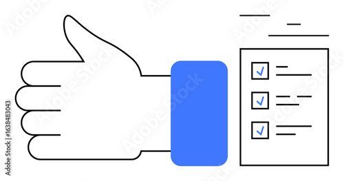 Hand giving thumbs up next to vertical checklist with blue checkmarks. Ideal for productivity, success, approval, evaluation, teamwork, project management, simple landing page