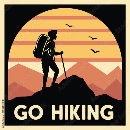 Silhouette of a male hiker with backpack and pole climbs mountain at sunset