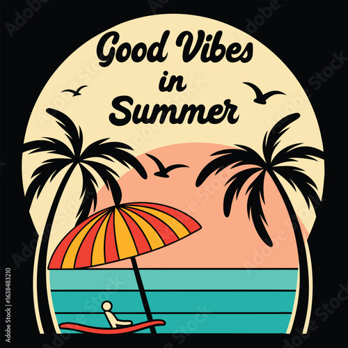 Retro summer shows a sunbather under an umbrella between palm trees with flying birds